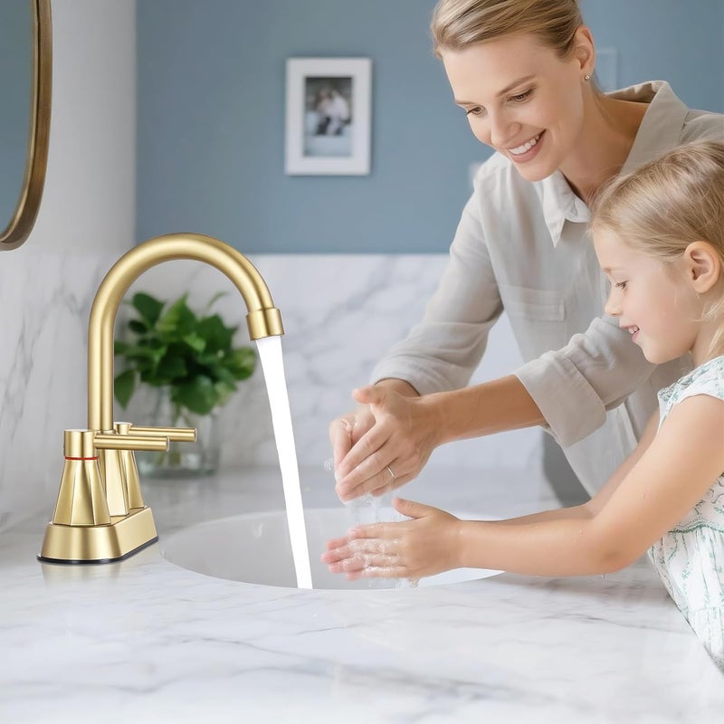 KHQF 4 inches Bathroom Faucet for 3 Hole,2-Handle Bathroom Sink Faucets with Pop Up Drain (Brush Gold) - Image 3